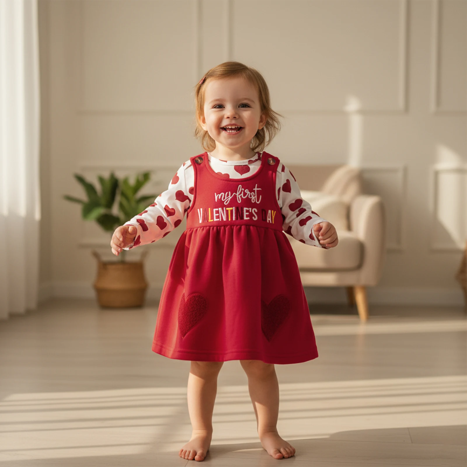 Sweety Baby Girls Spring Outfit Long Sleeve Heart Print Romper with Embroidery Letters Overall Dress for Valentines Day