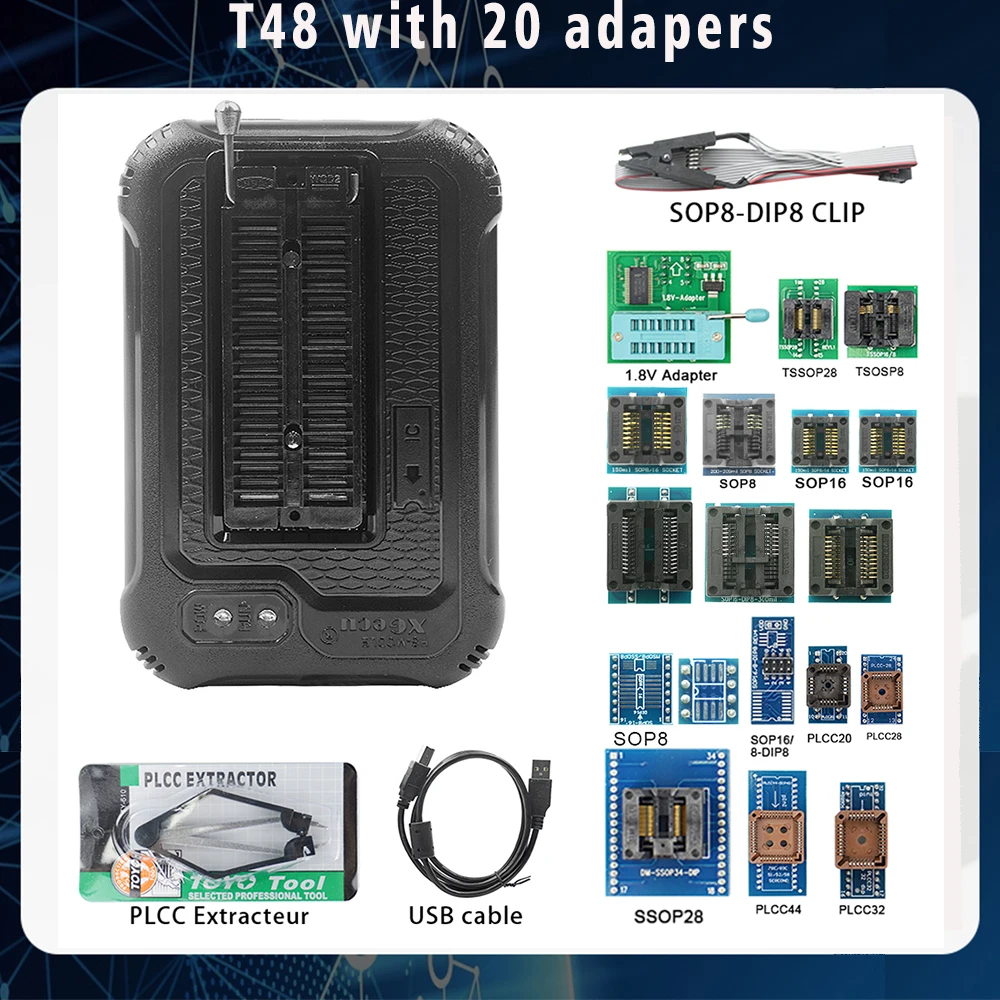 

XGecu T48 (TL866-3G) Programmer+20 Adapters Support 31000+ ICs for SPI/Nor/NAND Flash/EMMC BGA/TSOP/SOP/PLCC Better Than TL866II