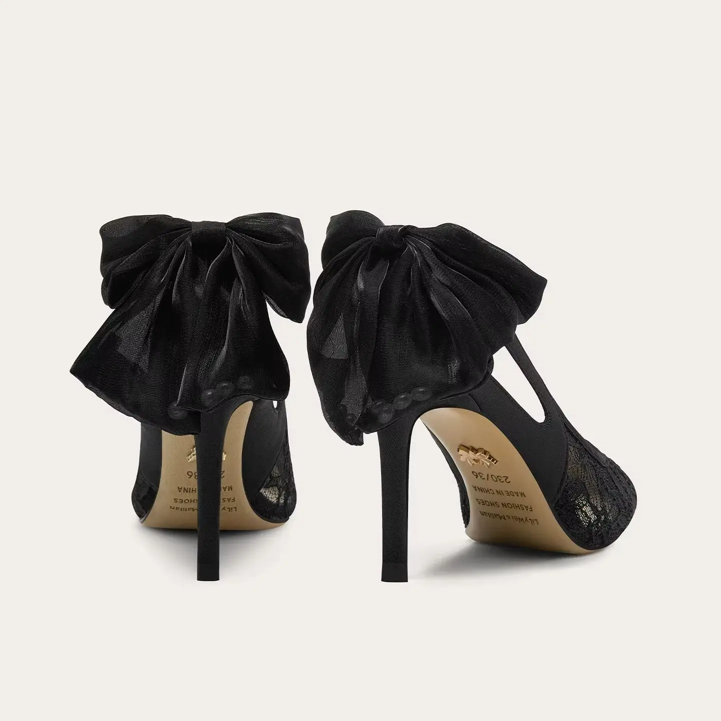 Spring/Summer New Pointed Shallow Bow Lace Mesh Fine Heel Sandals Banquet Large Size Small Size Widening High Heel Women's Shoes