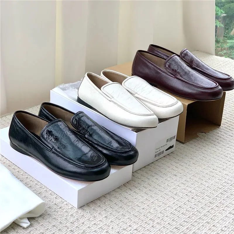 Dave&di Summer Minimalist French Pleated Cowhide Leather  Loafers Women's Shoes Soft Flat Bottomed Loafers Shoes Round Toe Shoes