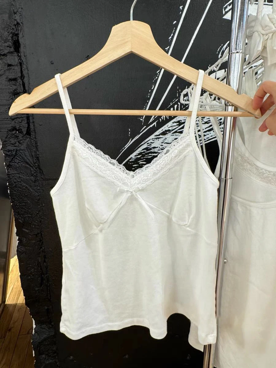Lace Trim Bow White Crop Top Women Summer Sexy V Neck Cotton Sleeveless Cropped Camis Sweet Cute Preppy Style Slim Tank Tops Y2k