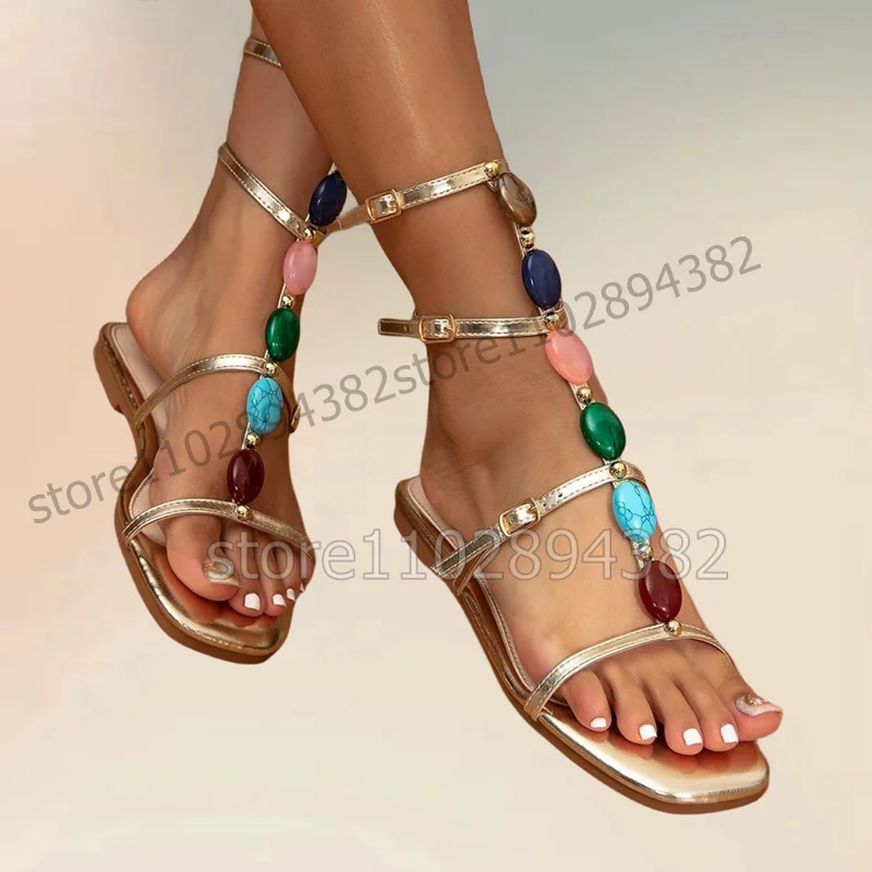 Colorful Jewel Gold Open Toe Hollow Cut Heel Sandals Buckle Strap Women Shoes Low Top Fashion Banquet 2023 Zapatos Para Mujere