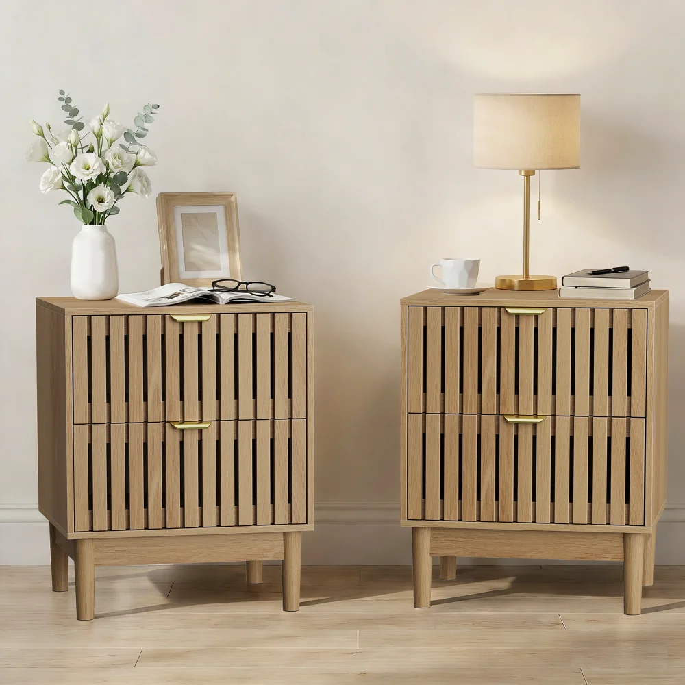 

Mid-Modern Oak Bedside Table with Grille Design & Two Drawers, 2-Piece Set. Suitable for Bedrooms/Hallways/Living Rooms,17.72x15