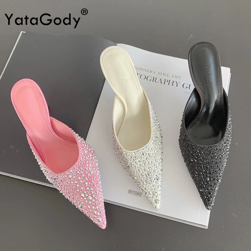 YATAGODY Size 35-39 Women Mules Sandals Sparkly Rhinestone Thin High Heels Summer Shoes Sexy Pointy Party Daily Slides Slippers