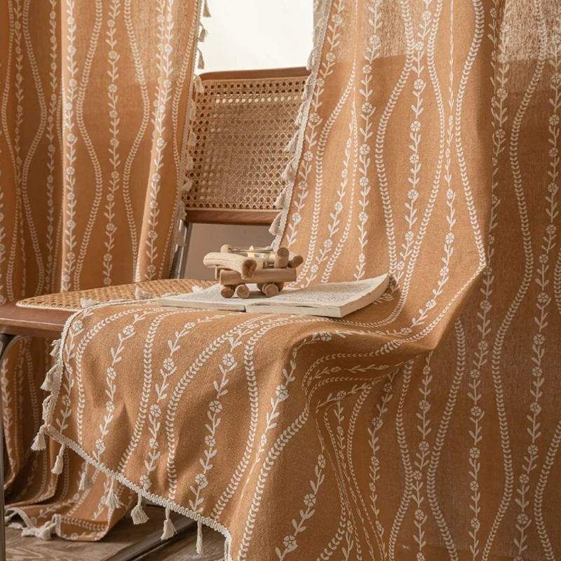 Boho Curtains Vintage Floral Farmhouse Light Filtering Semi-Blackout Rod Pocket Window Drapes for Living Room Bedroom Decoration