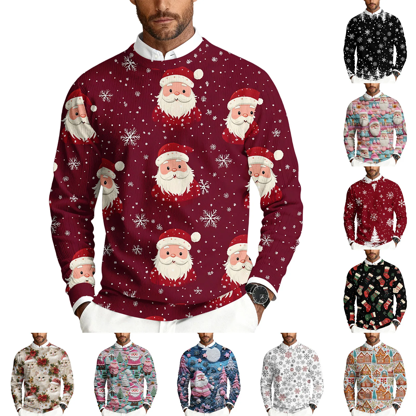 Sweater Rajut Pria Motif Natal Kerah Bulat Lengan Panjang Model Longgar Kasual Bisnis