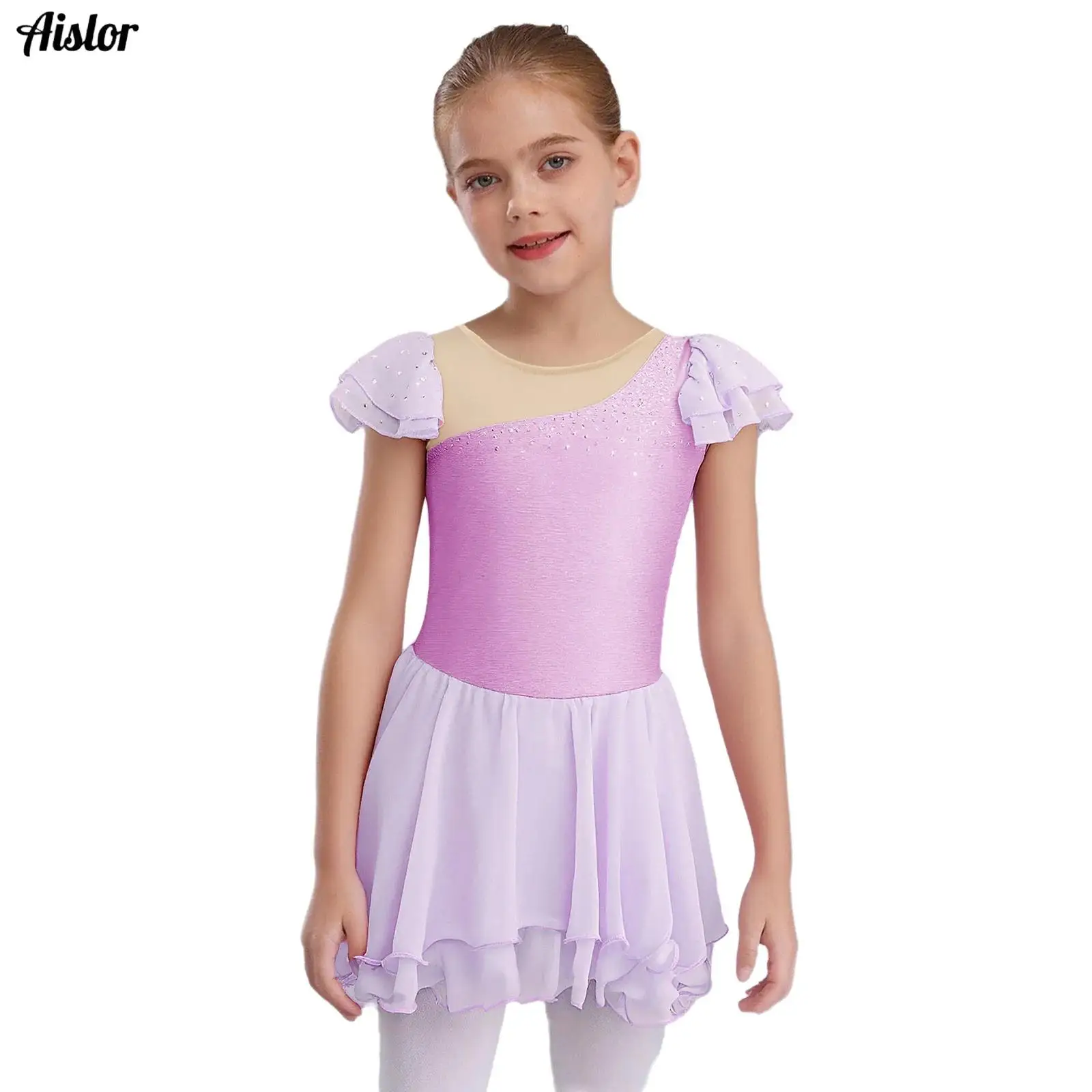 

Kids Girls Ruffle Sleeves Ballet Dance Dresses Sheer Mesh Patchwork Lettuce Hem Shiny Rhinestones Dress Ballerina Competition