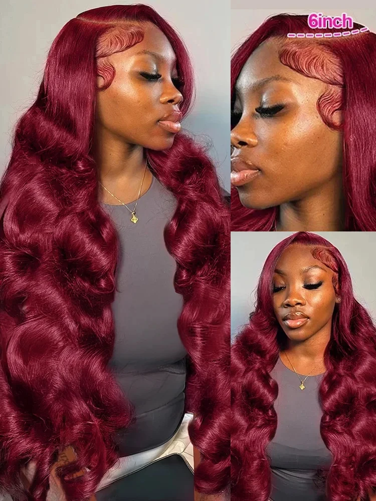 Wig Rambut Asli Burgundy 99j Model Body Wave dengan Lace Front 13x6 HD