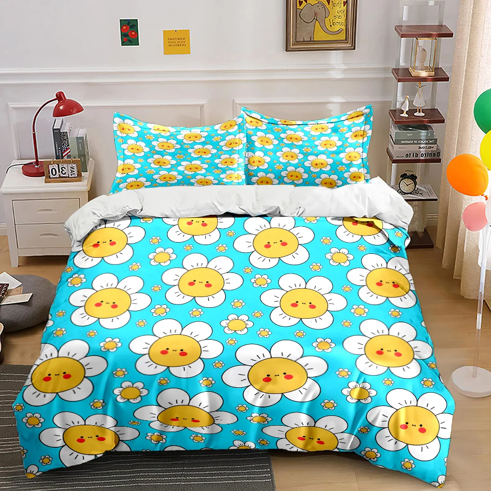 Cartoon smiling flower Pattern Duvet Cover Set Digital Print Colorful Polyester Bedding with Zipper Closur for kids gifts