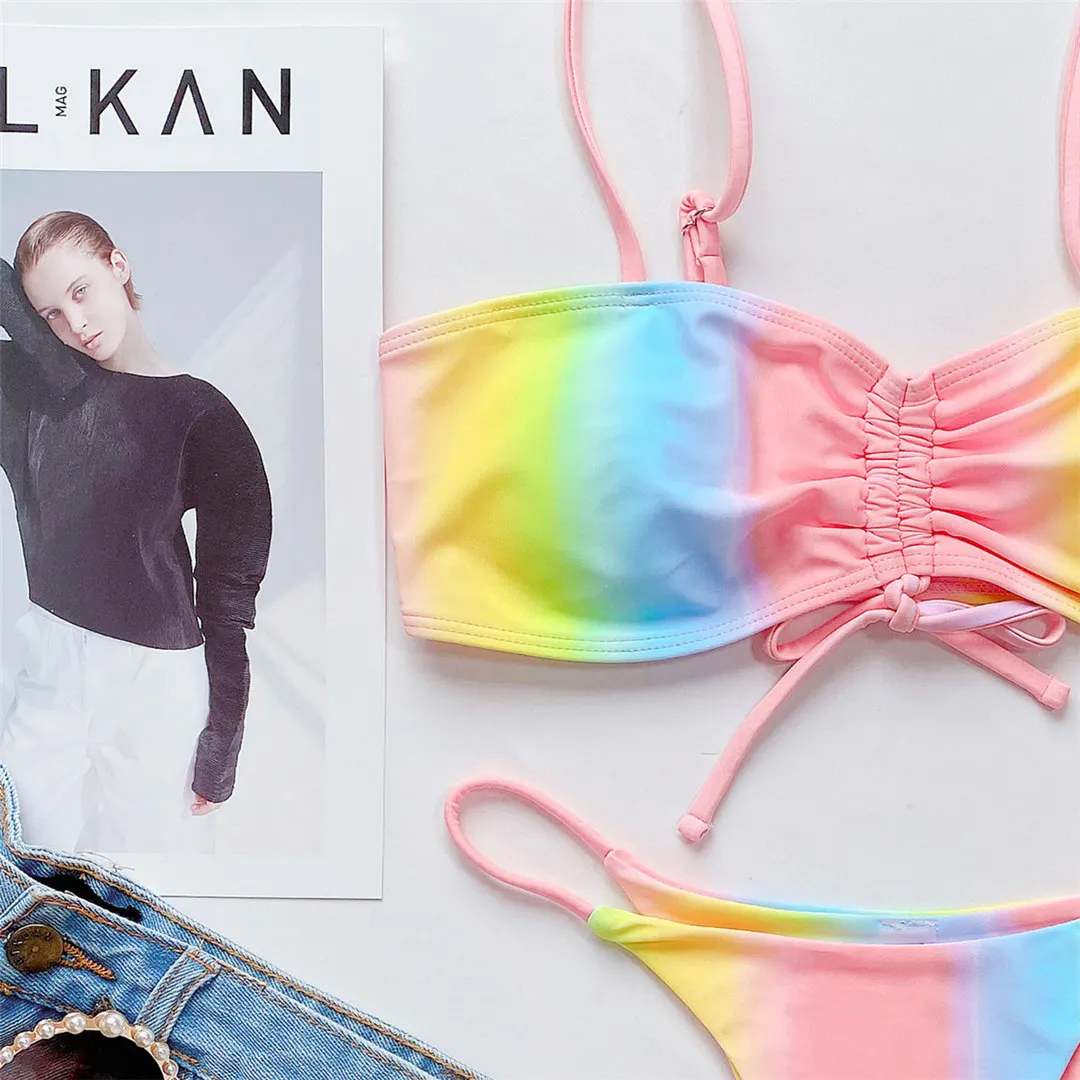 Regenbogenmuster-Micro-String-Bikini mit Schnürung, zweiteiliger Badeanzug für Damen, Badebekleidung, Badeanzug, Damen-Badebekleidung, V3075 – Detail 10