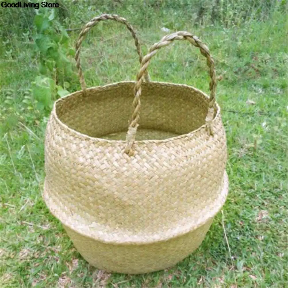 1PC Rattan Straw Basket Wicker Seagrasss Folding Laundry Flower Pot Flower Vase Home Garden Hanging Basket Wedding Decoration