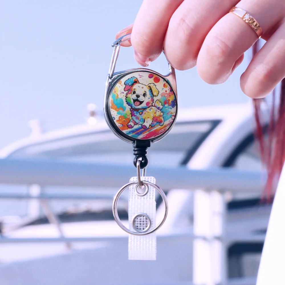 Cute Watercolor Animal Keychain Holder Retractable Badge Reel Nurse Doctor Staff Card Holder Accessories