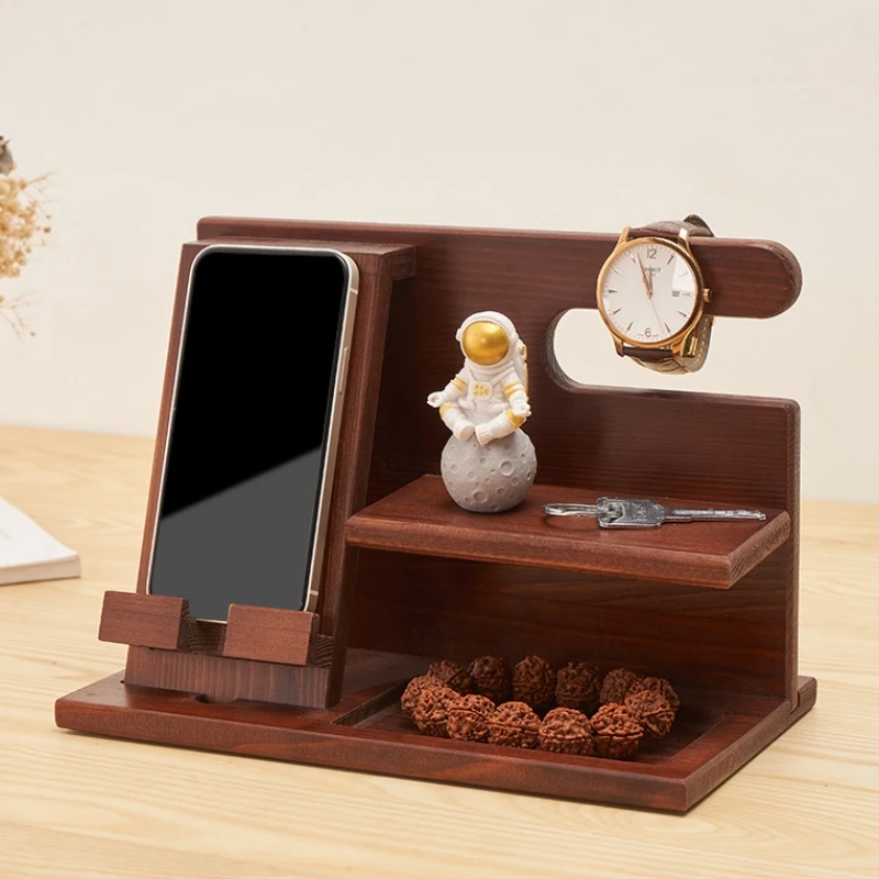 

Wooden Bedside Wood Phone Docking Station Holder Wallet Stand Watch Key Jewelry Storage Rack Valentines Multifunctional