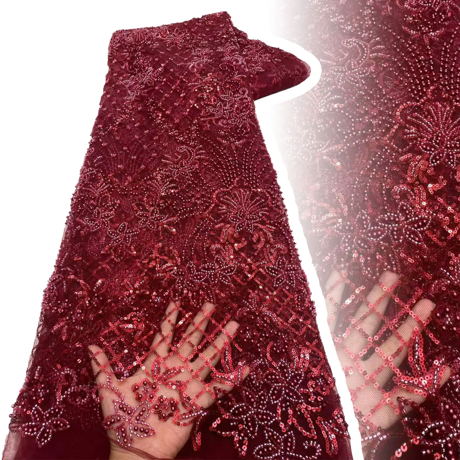 

Red African Beaded Lace Fabric 2026 High-Quality Nigerian Sequined Lace Fabric Women's Wedding Gown and Evening Dress Sewing