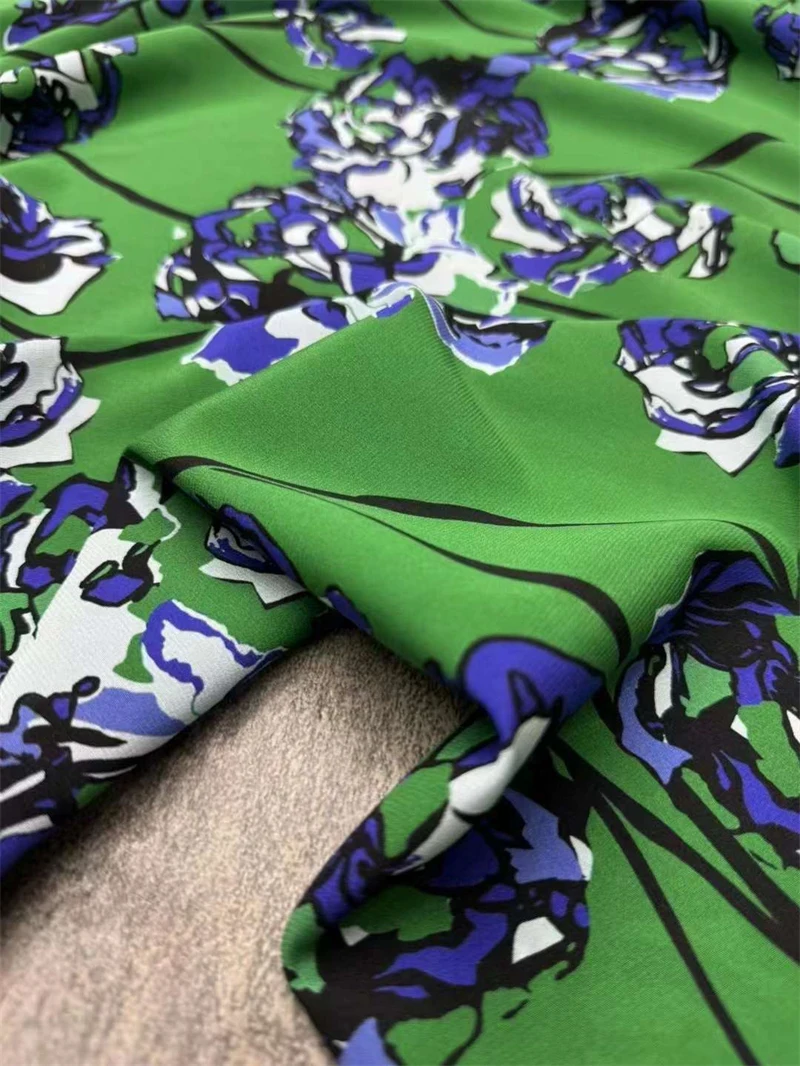 Star Style Green Printed 18momme Double Crepe Satin Fabric, High-end Handmade DIY Clothing Natural Silk Fabric Sewing Material