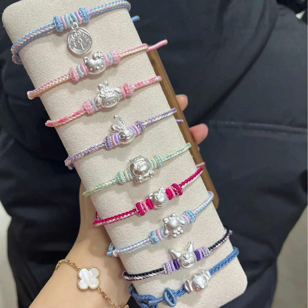 999 Pure 1G Silver Sanrio Bracelet, Kuromi Hellokitty Cinnamoroll Pink Leather Rope, Pure Silver Hand Rope, Gift To Best Friend