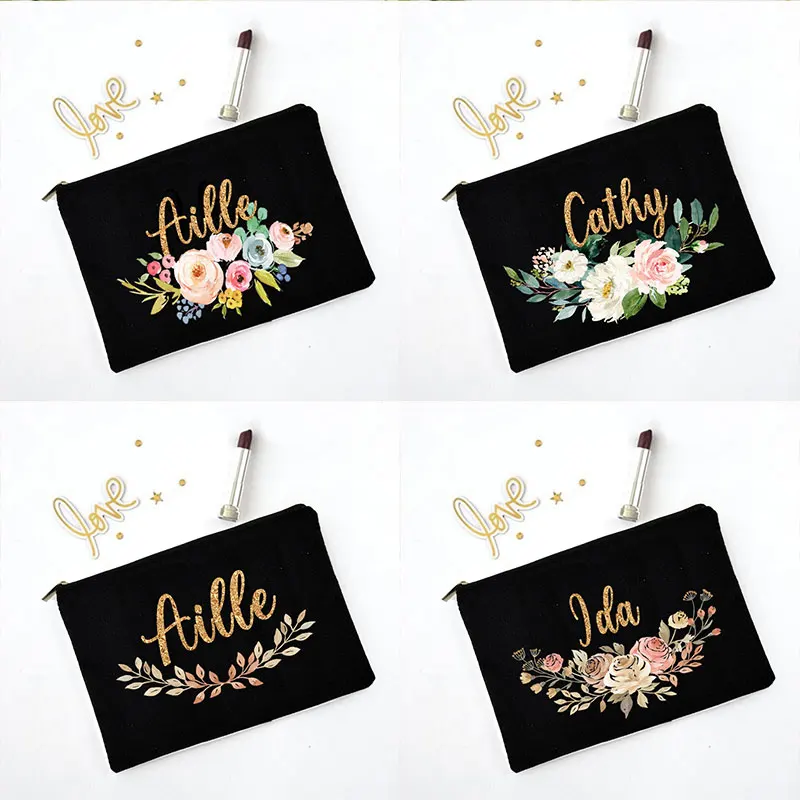 Flower Personalised Custom Name Cosmetic Bags Travel Toiletry Organizer Mujer Bolsa Women Neceser Makeup Bag Linen Zipper Pouch