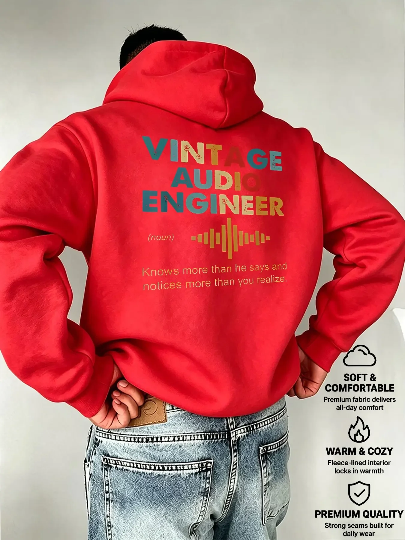 Men Vintage Audio Engineer Graphic Hoodie Front And Back Print Pullover Unisex Loose Long Sleeve Street Sweatshirt