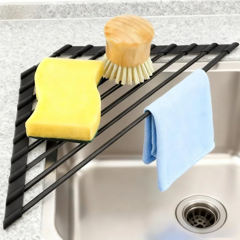 Estante plegable triangular de acero inoxidable para fregadero de cocina, organizador de drenaje para cuencos y palillos