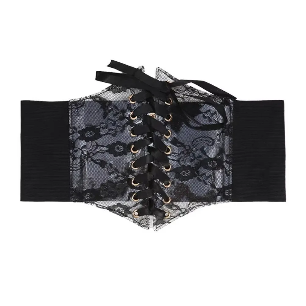 Flower Embroidery Lace-up Corset Belt Transparent Lace Stretchy Elastic Elastic Waistband Punk Style High Waist