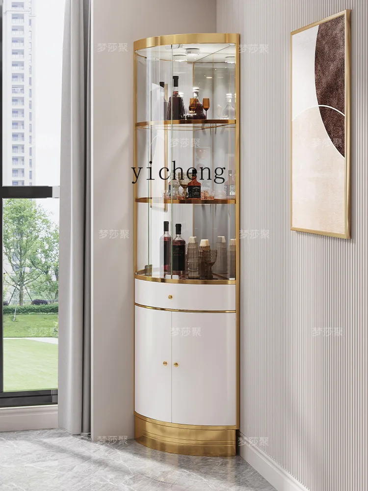 ZK Living Room Corner Cabinet Stainless Steel Fan-Shaped Glass Door Drawing Cabinet Modern Minimalist Wall Corner Cabinet