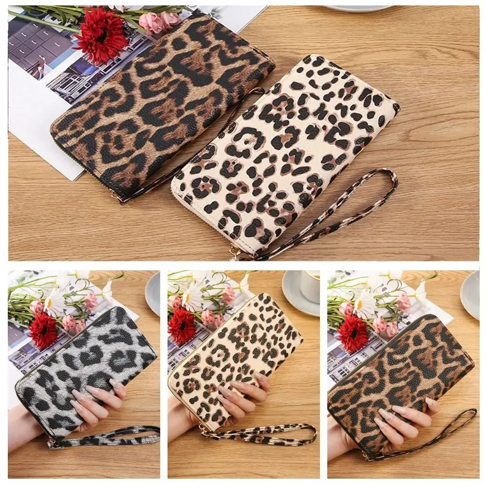 

New Leather Leopard Print Wristlet Wallet Vintage Zipper Credit Card Wallet Long Cell Phone Purse Women