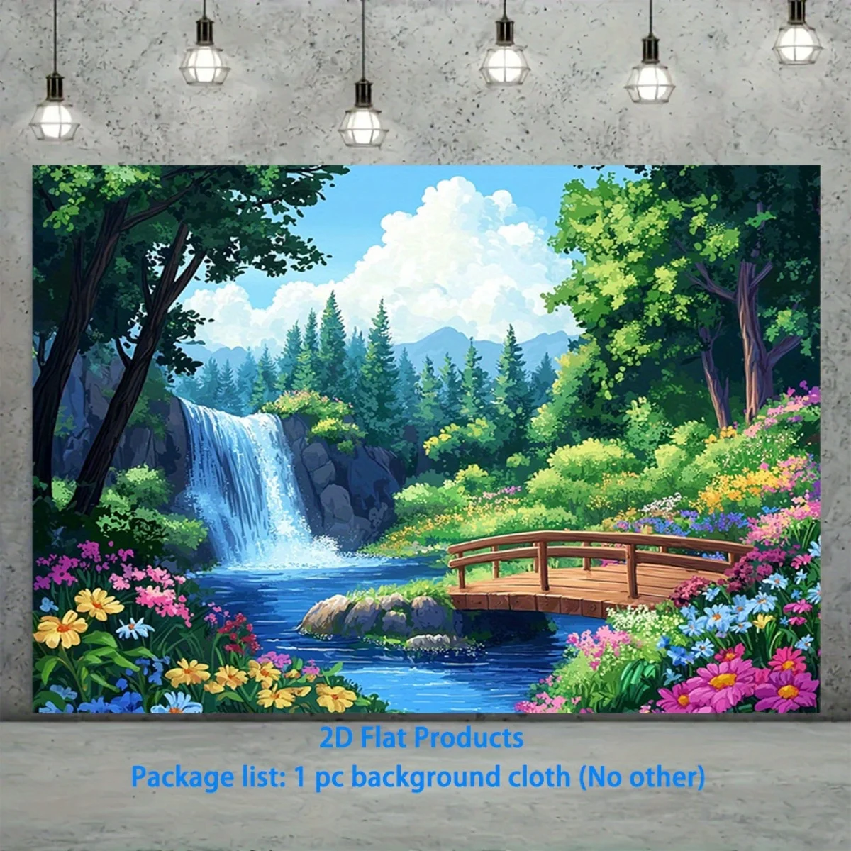 Banner plano 2D con estampado UV de cascada y sendero de flores en el bosque, telón de fondo de poliéster vibrante para el hogar, jardín, estudio y fiesta, 1 ud.