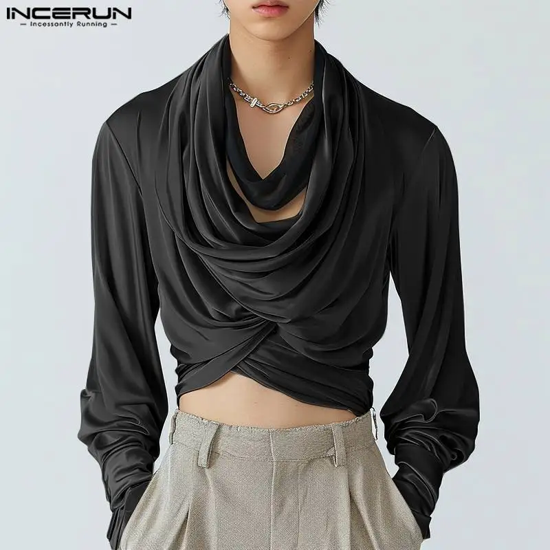 INCERUN Men Shirt Solid Color V Neck Long Sleeve Pleated Satin Casual Male Irregular Shirts Streetwear 2024 Fashion Crop Tops