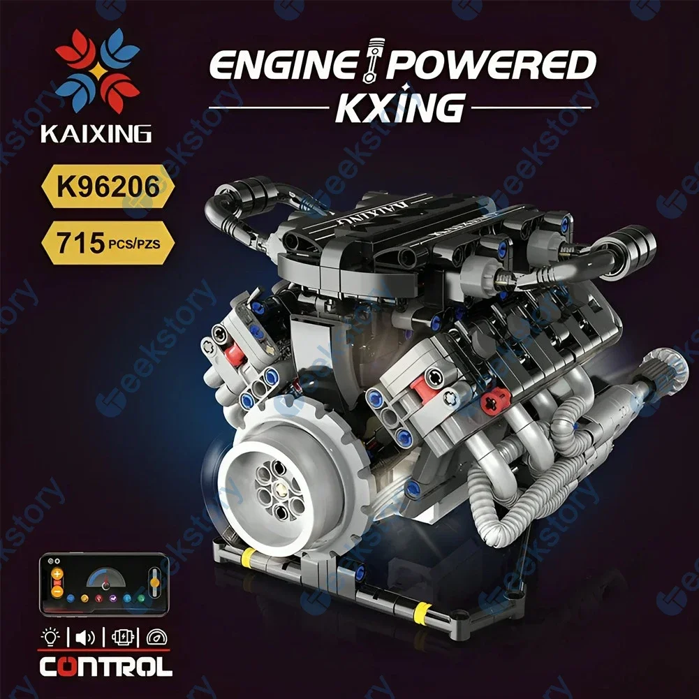 715PCS K96206 Simulation V8 Engine Model Building Blocks Set Support APP Control With LED Light Motor STEM Educational Toy Gift