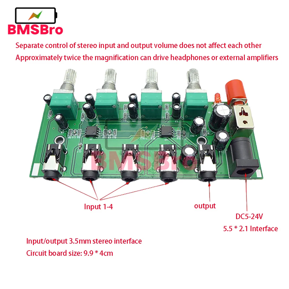 Stereo AUX mini JACK 3.5 mm Audio Mixer 4 Input to 1 output Individually Controls Board Sound mixing DIY Headphones Amplifier