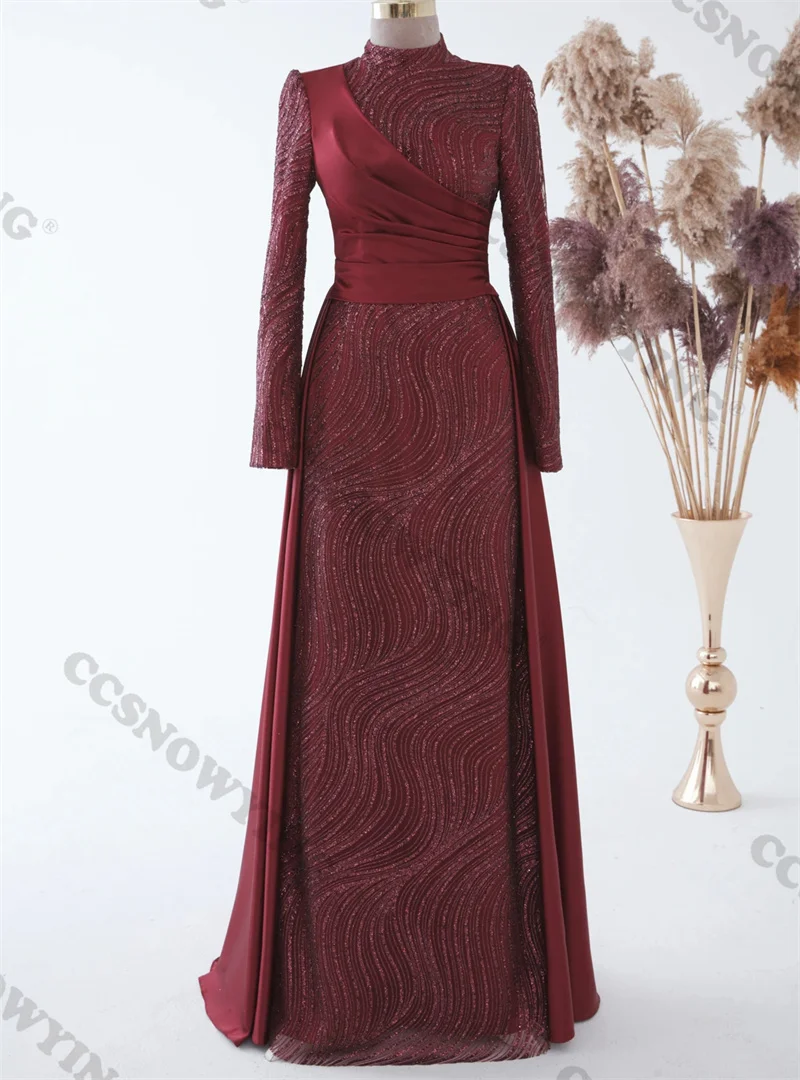 

Burgundy Long Sleeve Muslim Evening Dress High Neck Islamic Formal Party Gown Sequin Satin Women Arabic Hijab Robe De Soiree