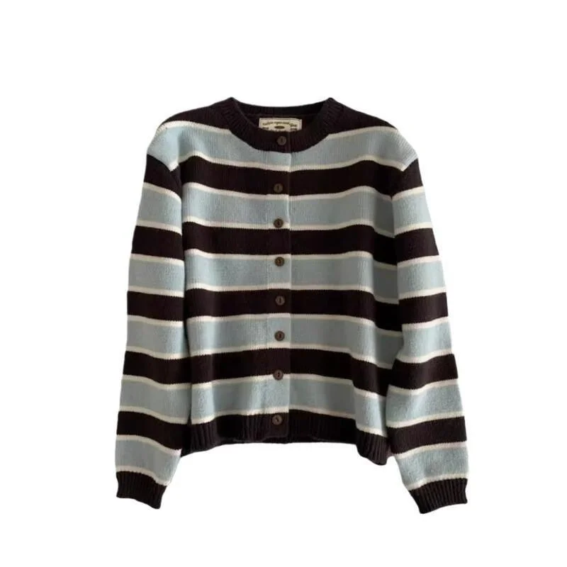 Japoński sweter rozpinany w stylu retro z blokami kolorów i paskami, damski, jesienno-zimowy, nowy, luźny, z okrągłym dekoltem, dzianinowa bluzka, uroczy, kawaii.