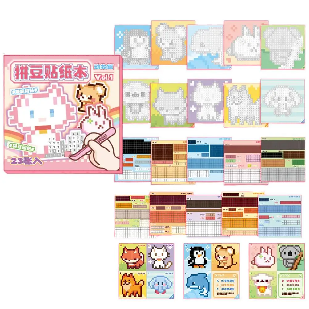 Pixel Art Stickerboek DIY Dierenpuzzel Mozaïek Knutselwerk Educatief Speelgoed Kinderen 23 Vellen Activiteitsspel Cartoon Schattig Cadeau Benodigdheden