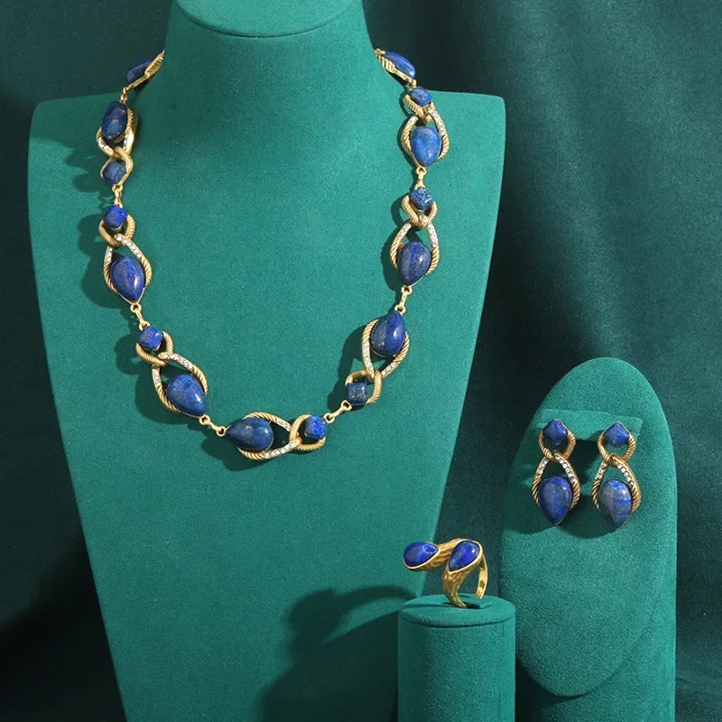 Vintage Italian Designer Jewelry Set Blue Natural Stone Necklaces Earring Open Ring Antique Water Drop Gifts for Women Luxury