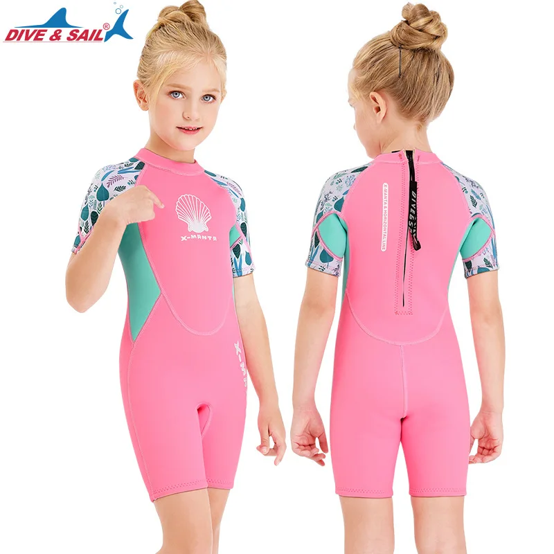 New Children\'s diving suit 2.5MM one-piece warm winter swimming suit girls\' short-sleeved snorkeling and surfing jellyfish suit