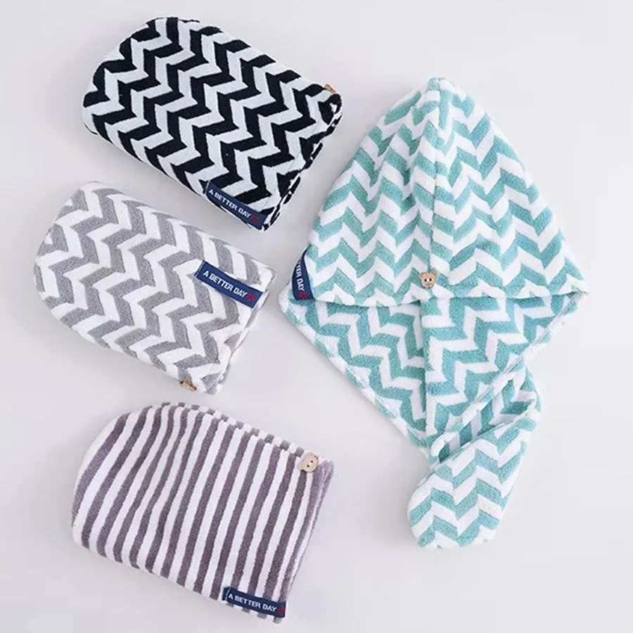 Microfiber Coral Velvet Dry Hair Towel Cap for Women Striped Pattern Quick-Drying Water-Absorbent Turban Shower Cap