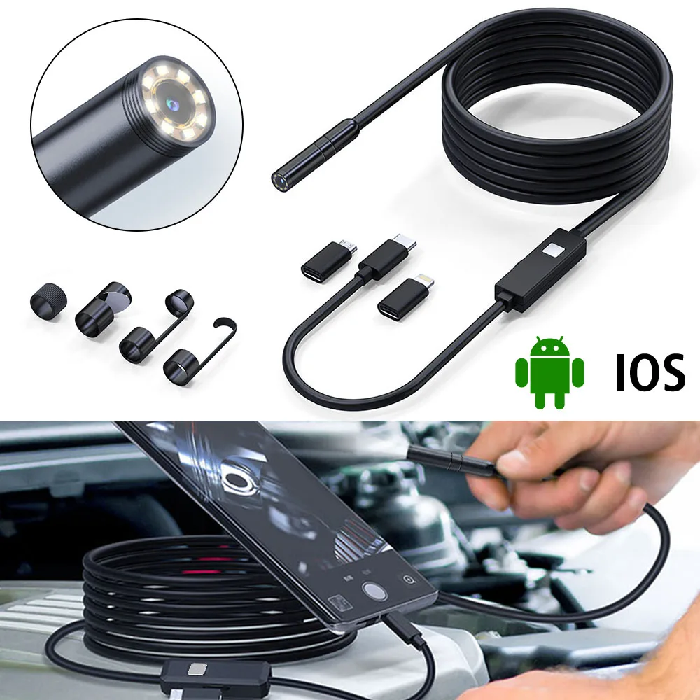 

8mm 8LED Camera Industrial Endoscope 2000K Pixels Type-C Micro Lightning Adapter Repair Tools W400 5M Cable Car Diagnostic Tools