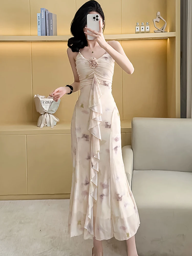 Robe à bretelles Chic en mousseline de soie imprimée pour femmes + Cardigan blanc, ensembles deux pièces, nouvelles robes de soirée de luxe élégantes coréennes, été 2025