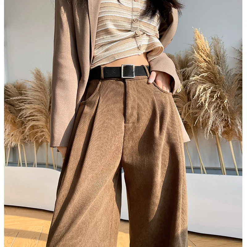 

WOMEN'S corduroy suit pants new slim straight casual high waist drape wide leg trousers