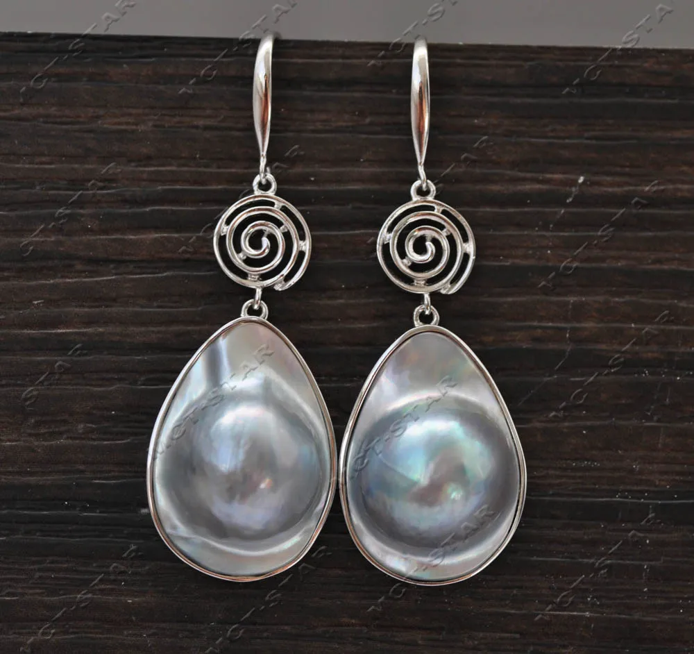 

Z13195 HUGE Real 25mm Gray Drop South Sea Mabe Pearl 925Silver Dangle Earring Custom jewelry