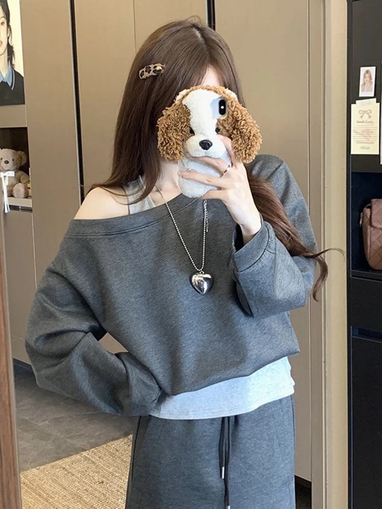 

Korean Sle Casual oulder Bared Two-Piece Sweatirt Set Women's Autumn Winter New Faion Slimming Versatile Two-Piece Set