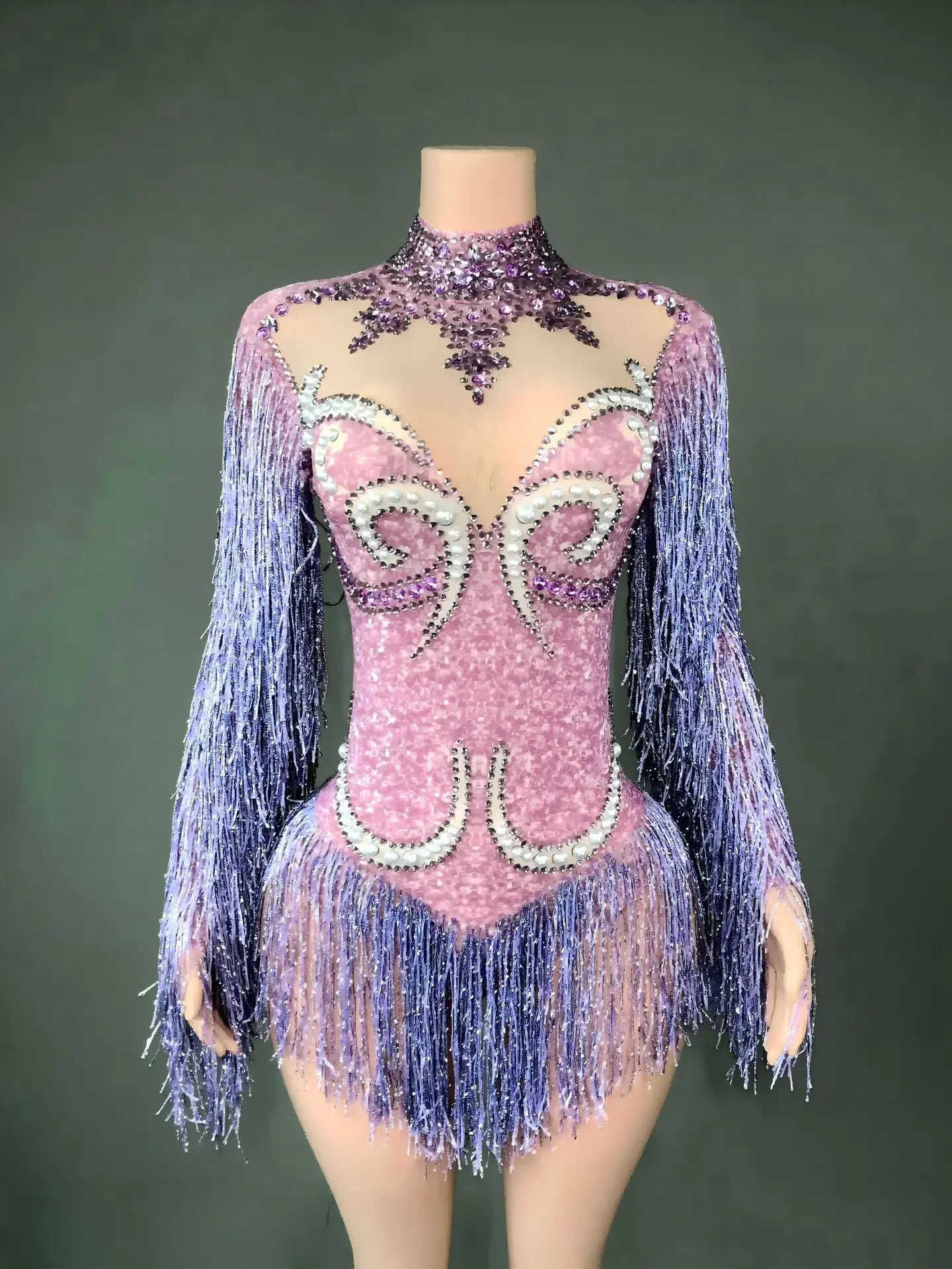 Neues Tanzkostüm für Frauen, Geburtstagsparty-Outfit, Luxuriöser Grauer Fransen-Body mit Silberfarbenen Strasssteinen und Perlen, Transparenter Bodysuit – Detail 20