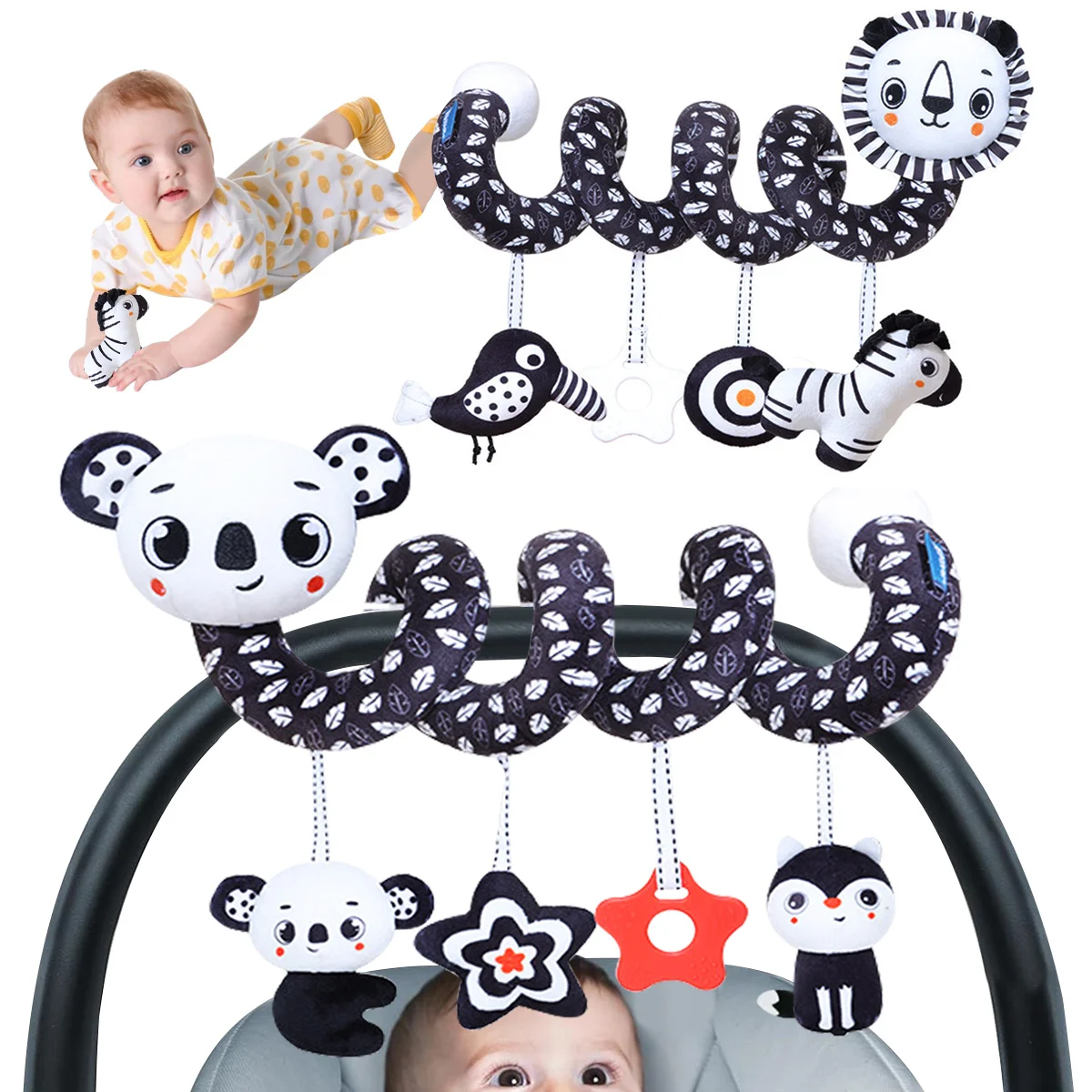 Baby pluche spiraal hangend speelgoed voor kinderwagen wieg autostoel, hangend rammelaar speelgoed voor wieg mobiel, hoog contrast speelgoed voor pasgeborenen