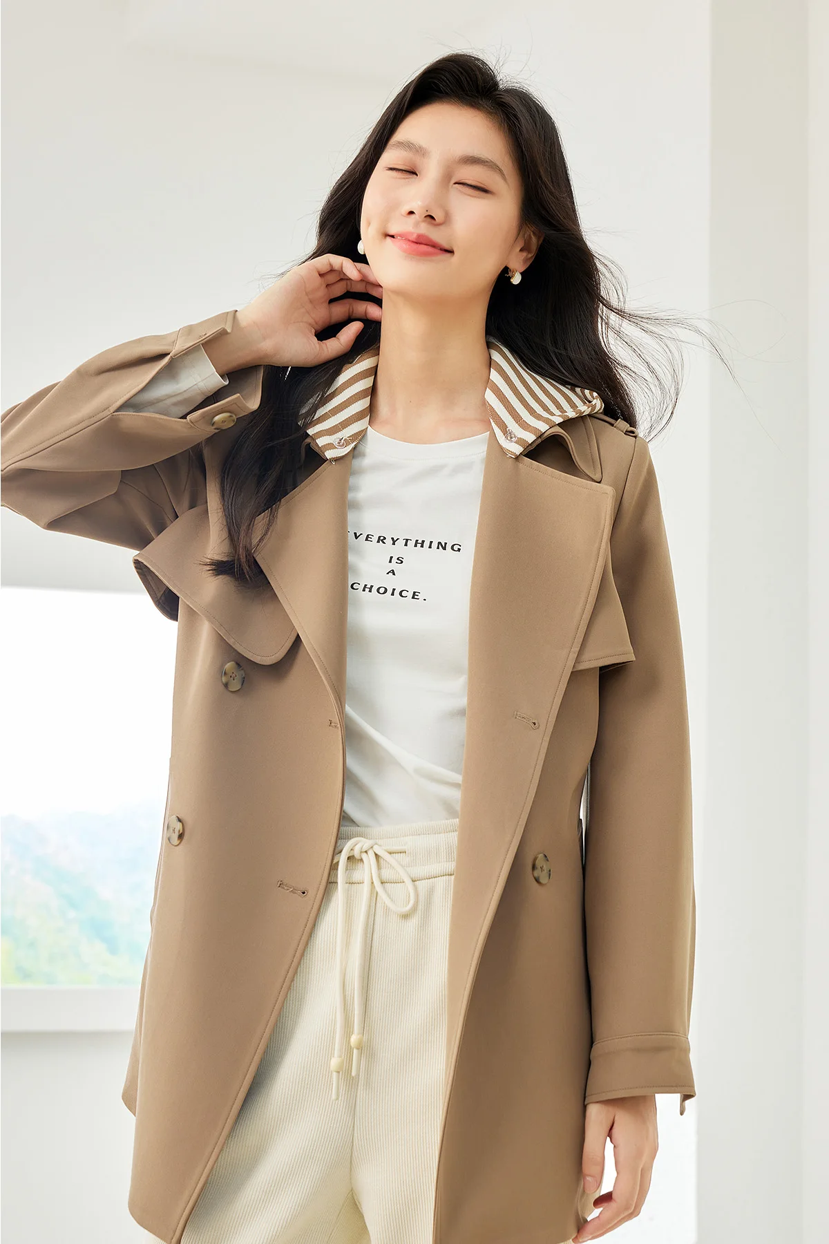 Vily Trench con cappuccio a righe rimovibile da donna autunno/inverno Casual giacca a vento antivento all\'aperto con risvolto cappotto a vita con