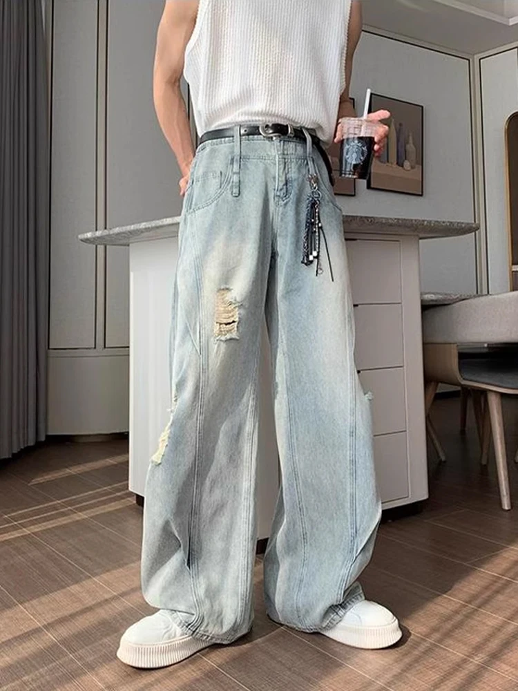 Cleanfit Light Blue Ripped Denim Jeans Men Summer Thin American High Street Knife  Loose Straight Tube Breathable Jeans