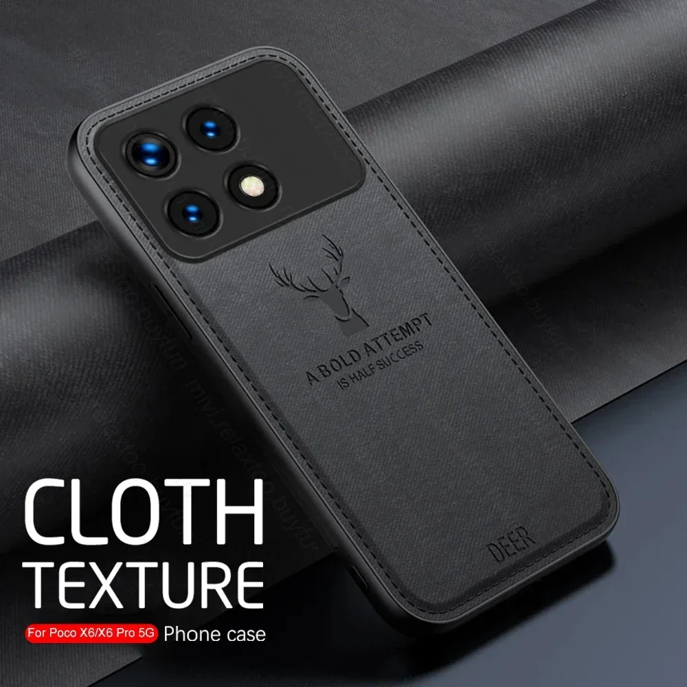 Deer Pattern Fabric Cloth Back Cover for Xiaomi Poco X6 F6 M6 X5 F5 Pro 4G 5G C61 C65 Case TPU Soft Shockproof Bumper Case