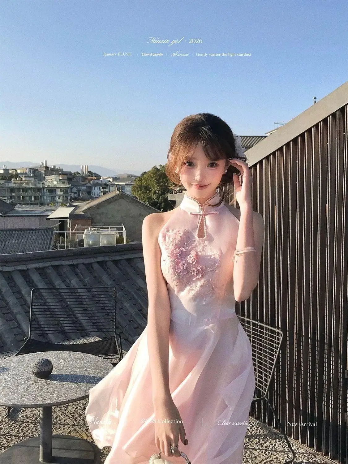 

Elegant Coquette Chinese Style Halter Mini Pink Dress Women Slim Fit Irregular Hem 3D Floral Embroidery Party Date Night Outfit