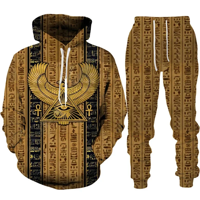 Autumn Winter 3D Printed Hoodies Suit Ancient Horus Egyptian Style Man Pants 2pcs Set Oversized Casual Pullover Tops Hot-selling