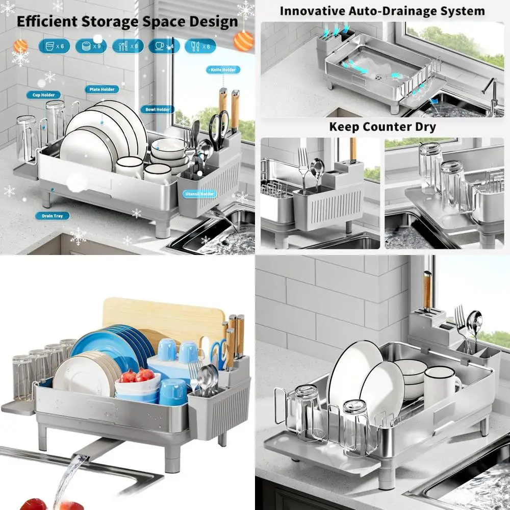 

Space-Saving Gray Stainless Steel Dish Drying Rack with Automatic Drainage, Utensil & Cup Holders