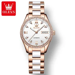 OLEVS 6637 Waterproof Full-automatic High Quality Women Wristwatches Fashion Automatic Mechanical Ceramic Strap Watch for Women